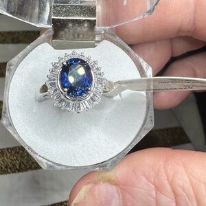 Sterling Silver Oval Created Sapphire Halo Ring Classic Elegant Style Size 7.5